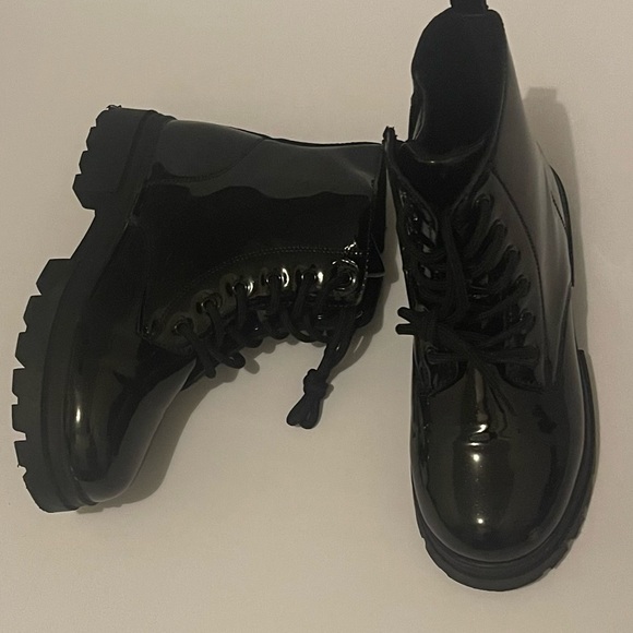 Glossy Black Lace-Up Ankle Boots - Picture 2 of 5